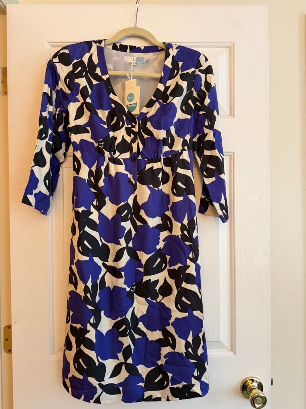 Boden Blue, Black & White Floral V-Neck 100% SILK Dress